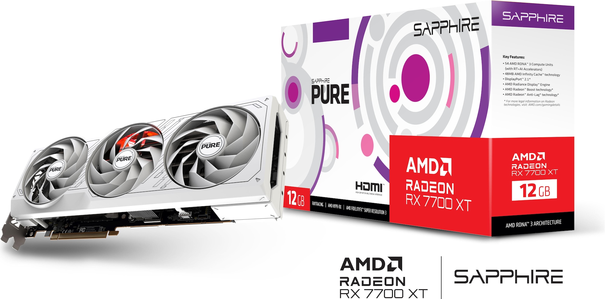 SAPPHIRE RX 7700 XT Pure Frostpunk 2 Edition - RDNA 3, GDDR6, 2x DisplayPort, 2x HDMI 2.1 | weiß