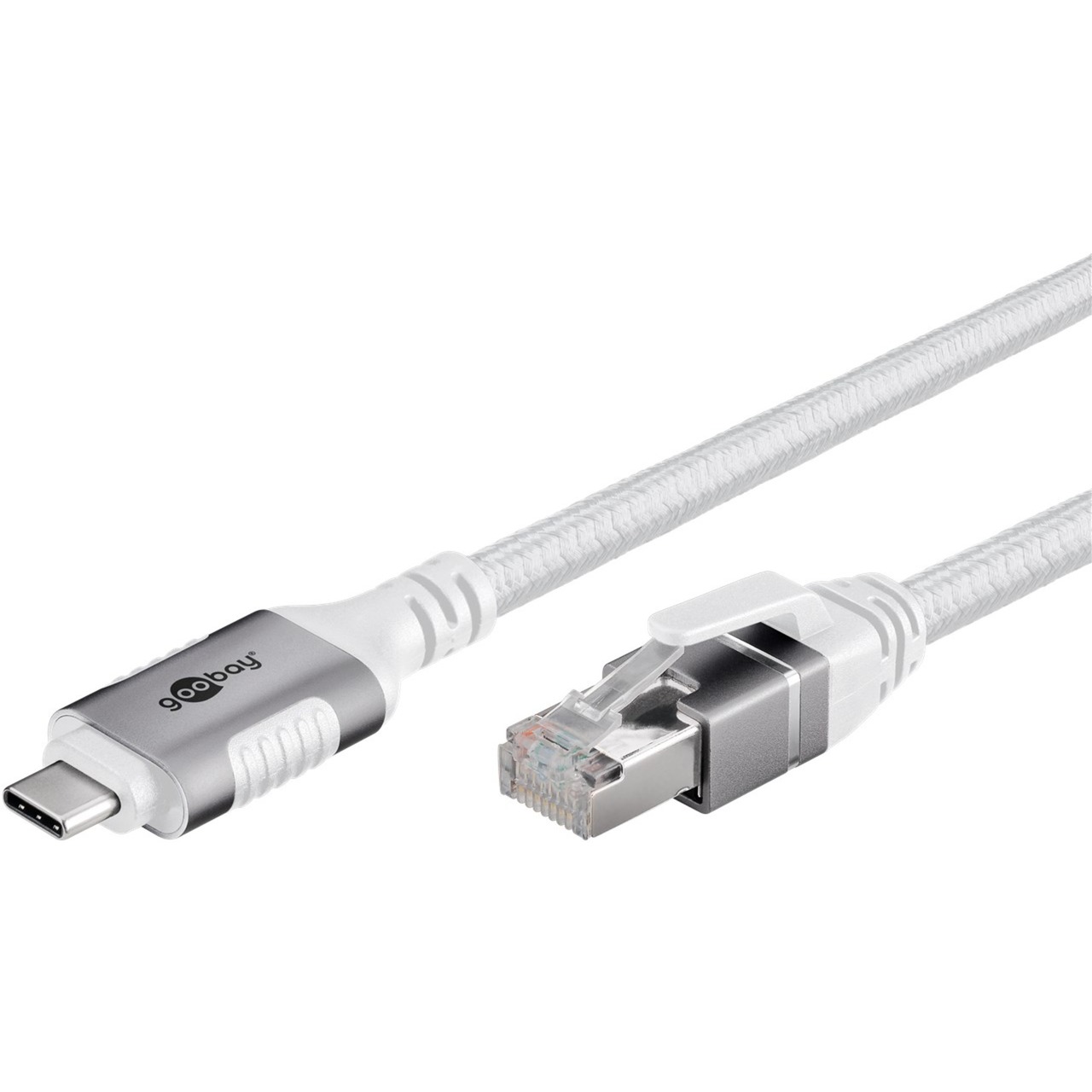 10 Meter goobay Ethernet-Kabel USB-C 3.2 Gen2 Stecker > RJ-45 Stecker - geflochtener Textilmantel | weiß