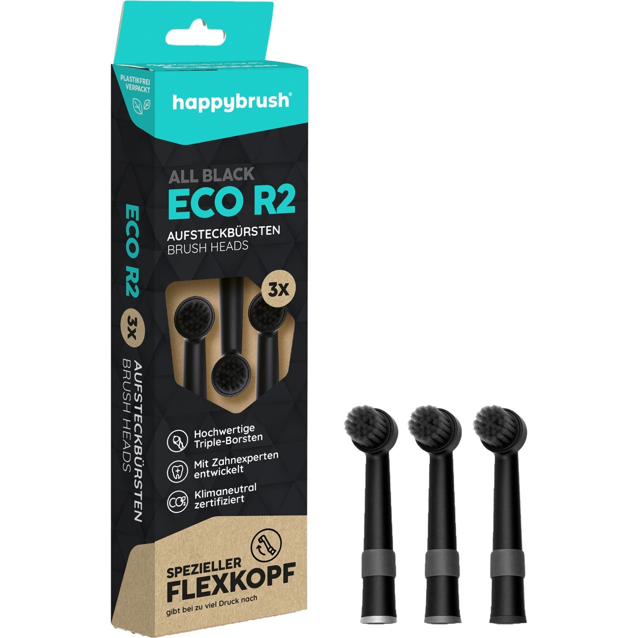 happybrush ECO R2 Aufsteckbürsten Allblack 3er-Pack | schwarz