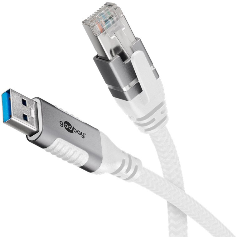 10 Meter goobay Ethernet-Kabel USB-A 3.2 Gen1 Stecker > RJ-45 Stecker - geflochtener Textilmantel | weiß