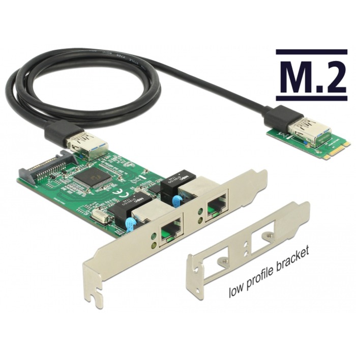 DeLOCK Konverter M.2 Key B+M Stecker > 2 x Gigabit LAN, LAN-Adapter