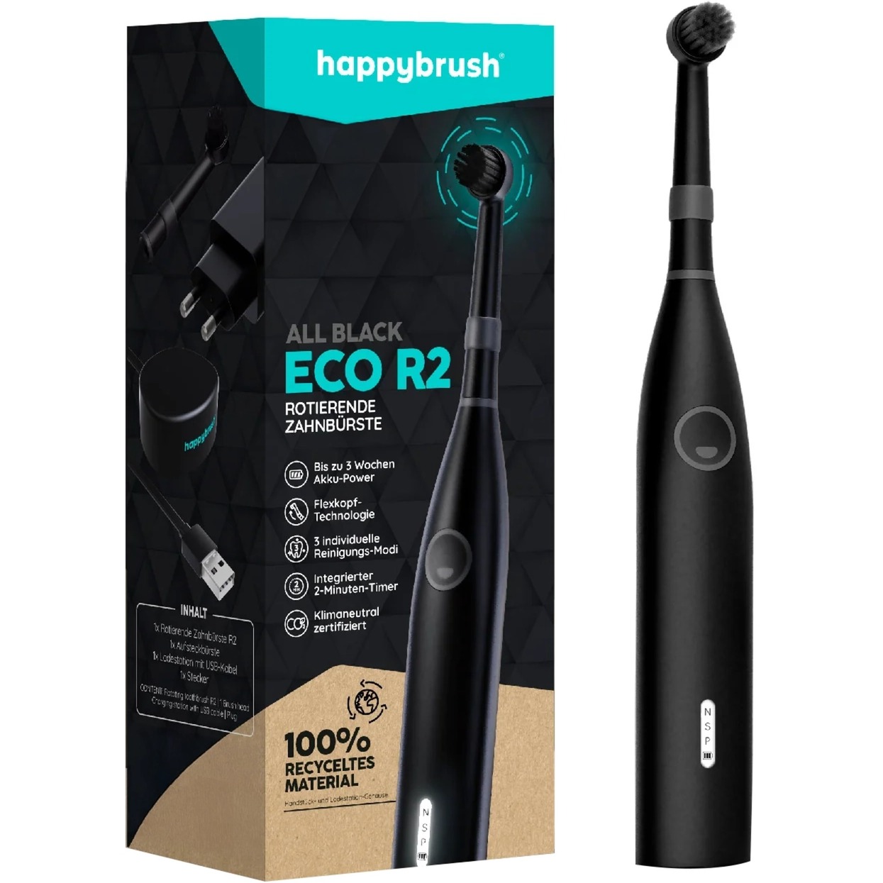 happybrush ECO R2 Allblack + 3 Refills | schwarz