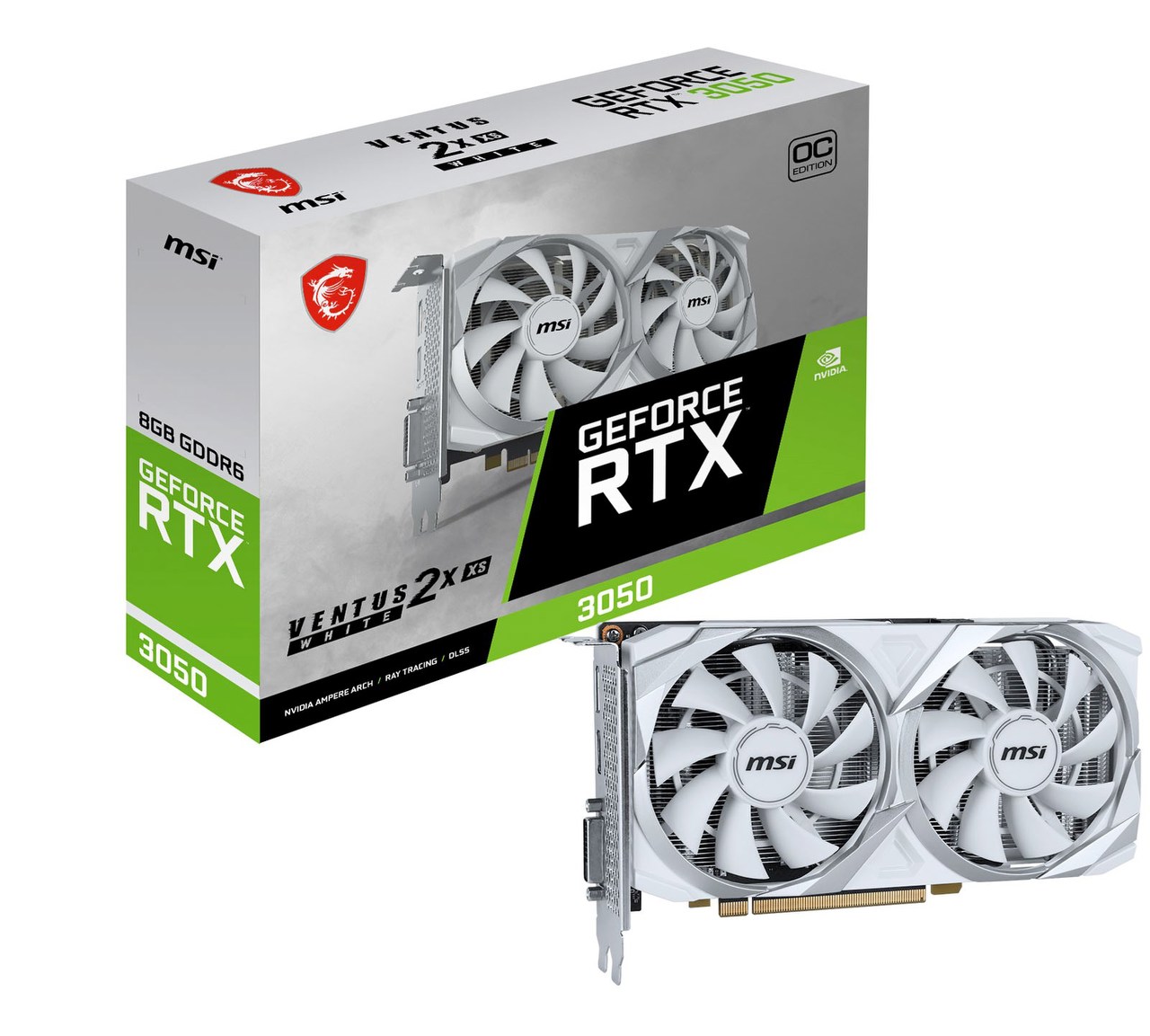 MSI GeForce RTX 3050 Ventus 2X XS WHITE 8G OC - 8 GB GDDR6, 1x DisplayPort, 1x HDMI 2.1, 1x DVI-D | weiß