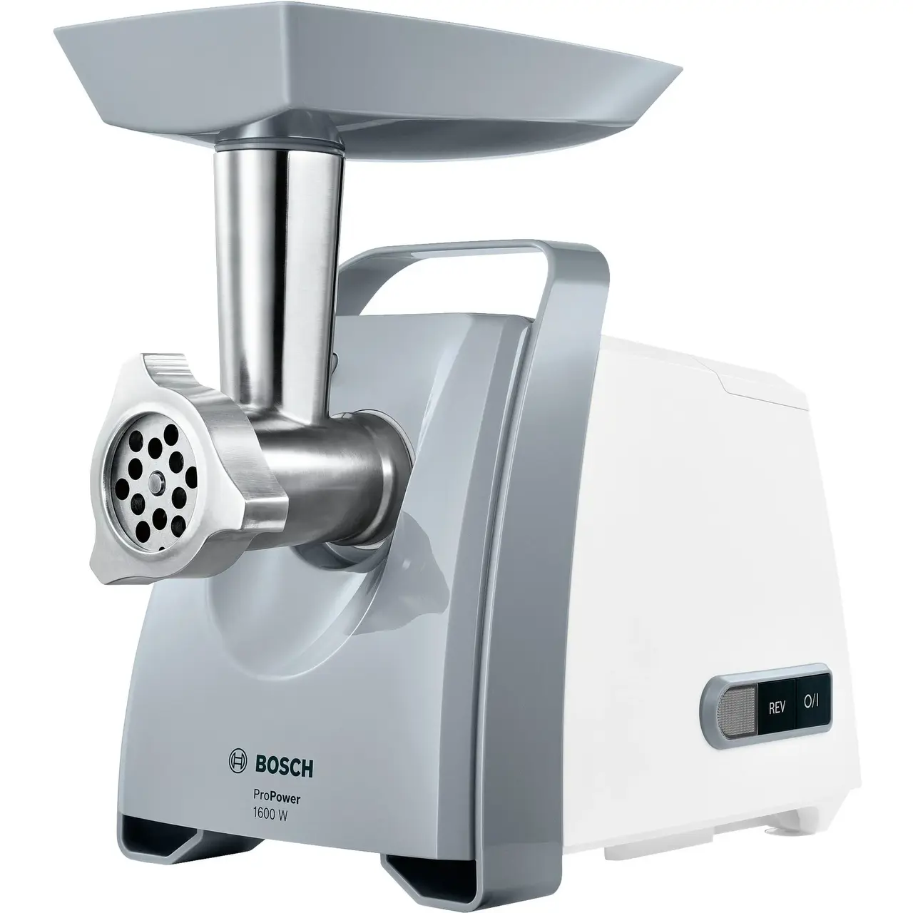 Bosch Fleischwolf ProPower MFW45020 mit Wurstfüller- und Kebbe-Aufsatz | weiß/grau